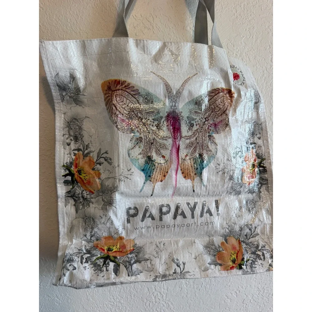 Papaya Art Butterfly Floral‎ Reusable Tote Bag Woven Shopper White Boho